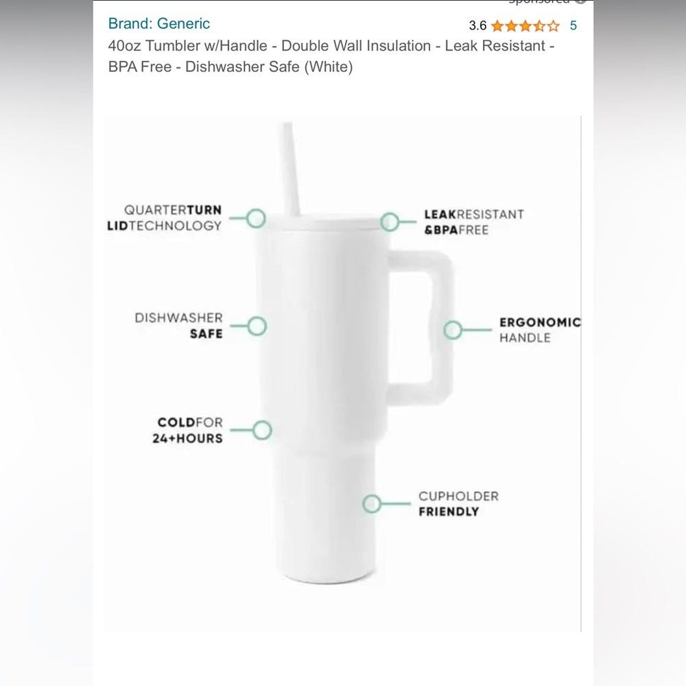 40oz Tumbler w/Handle - Double Wall Insulation - Leak Resistant. - Picture 2 of 11